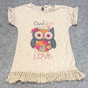 Emily Rose Girls Owl You Need Is Love Tunic Top Oatmeal Fringe Size 8